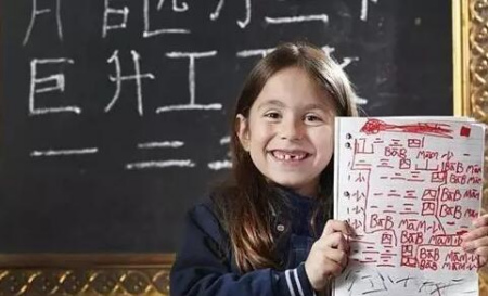 一名外國小學(xué)生拿著滿是漢語學(xué)習(xí)筆記的本子。