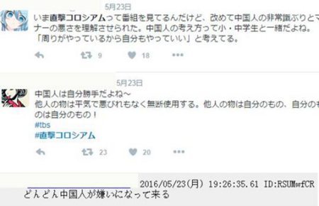 圖看過電視節(jié)目的日本網(wǎng)民在網(wǎng)絡(luò)上表達(dá)對中國的負(fù)面印象