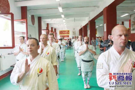 頒發(fā)證書(shū)結(jié)束后禪武聯(lián)盟教練助教向釋德?lián)P大師做匯報(bào)功夫、太極表演。（匈牙利《新導(dǎo)報(bào)》）