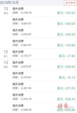 楊小姐提供的信用卡被盜刷記錄。(美國《僑報》資料圖 楊小姐提供)