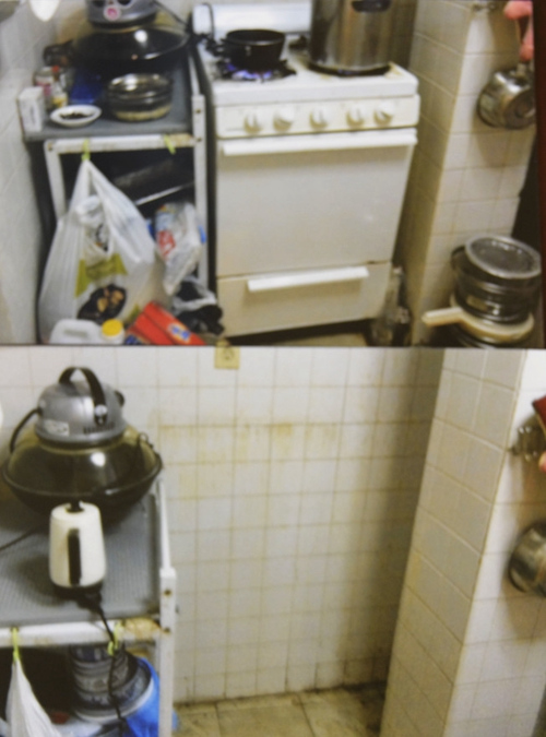 趁著老夫婦去醫(yī)院，房東將灶臺(tái)移走。(美國《世界日?qǐng)?bào)》/紀(jì)麗雅提供)