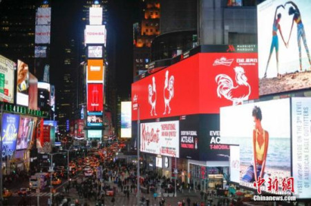 資料圖：當(dāng)?shù)貢r間1月5日，中國生肖雞亮相紐約時代廣場。 <a target='_blank' >中新社</a>記者 廖攀 攝