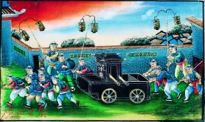 十三行新式救火場景，救火隊員推水車。水車燈籠上寫有“十三行”字樣。