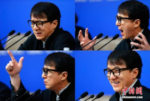 3月7日，全國(guó)政協(xié)十二屆五次會(huì)議在北京梅地亞兩會(huì)新聞中心召開(kāi)“政協(xié)委員談堅(jiān)定文化自信講好中國(guó)故事”記者會(huì)。圖為成龍委員答記者問(wèn)。(拼版照片)<a target='_blank' >中新社</a>記者 富田 攝