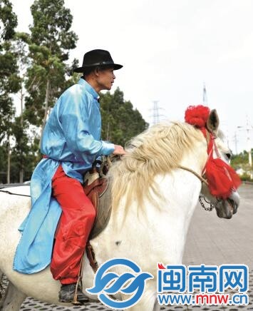 新郎騎著高頭大馬娶親。