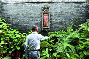 建哥撥開天井的野草，慶幸上方的天臺保留至今。