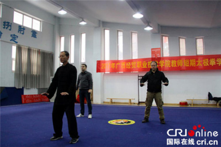 邯鄲學(xué)院馬建華老師教阿根廷學(xué)者迭戈(左二)和西班牙學(xué)者奧古斯托(右一)打楊氏太極拳。