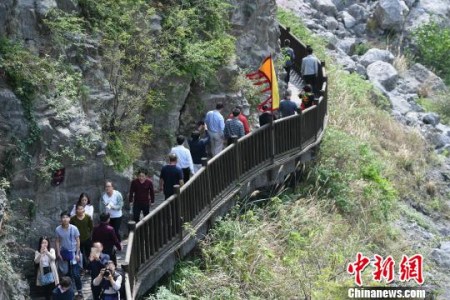 海外華文媒體一行踏訪先秦古棧道，一探古蜀道的歷史文化魅力。張浪 攝