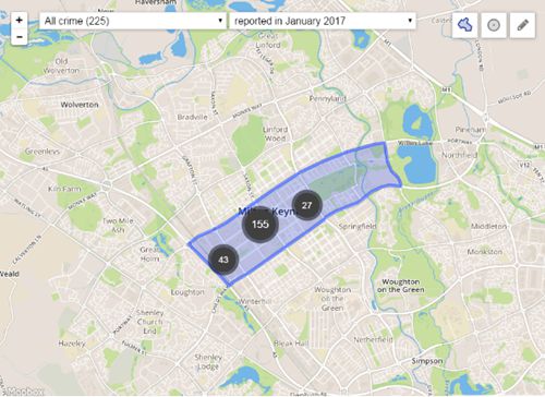 2017年1月米爾頓凱恩斯中心地帶犯罪分布圖。（英國《英中時報》 來源：英國警局）