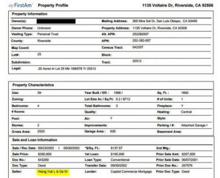 房產(chǎn)交易記錄中“王大偉”被省略成“Da W”，凸顯交易人做賊心虛、欲蓋彌彰的心態(tài)。(美國《僑報》摘自房地產(chǎn)交易記錄)