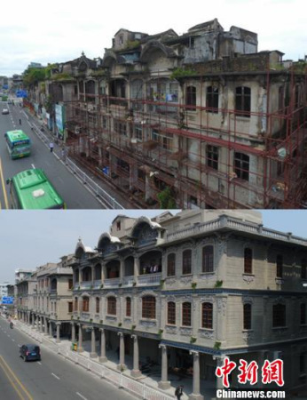 “創(chuàng)文”整治前后的汕頭西堤路騎樓對比圖（上圖為“創(chuàng)文”整治前，下圖為“創(chuàng)文”整治后）張烈華 攝