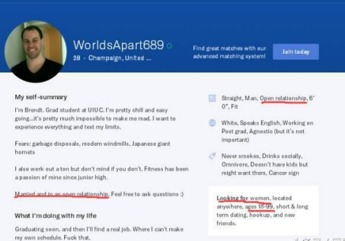 克里斯滕森在美國約會網站Okcupid上的簡介 (圖源：中國青年網)