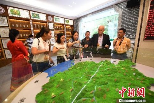 圖為柬埔寨主流媒體代表團(tuán)在廣西藥用植物園內(nèi)與中方專家交流，了解廣西藥用植物發(fā)展?fàn)顩r。　俞靖 攝