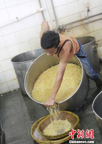 圖為工人正在泡洗黃豆?！×钟纻?攝