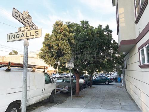 華裔婦女被嫌犯以錘擊頭的地點，在灣景區(qū)Quesada街近Ingalls街，居民以非裔占多數(shù)。（美國《世界日報》/李秀蘭 攝）