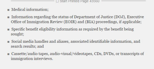 聯(lián)邦公報(bào)新規(guī)中移民檔案的部分條目，其中包括社交媒體部分(美國中文網(wǎng))
