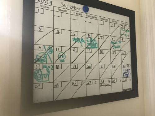 Jasmine Sun和女兒的記事板，幫助女兒規(guī)劃生活。（美國《世界日報》）