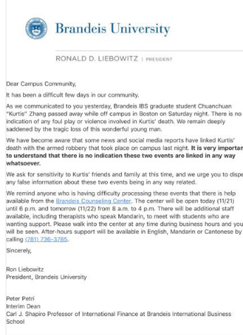 布蘭迪斯大學(xué)21日通告郵件，澄清張川川死因謠言