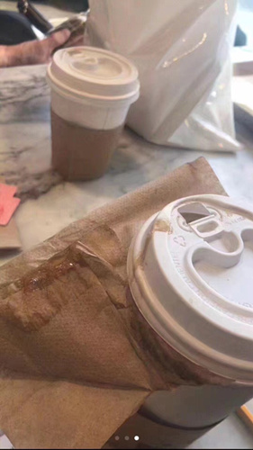 倪Candy質(zhì)疑咖啡里的濃稠物為痰。(美國《世界日報》資料圖：倪Candy提供)