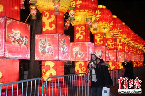 游客紛紛在美輪美奐的自貢元宵彩燈前自拍留念。鞠輝/攝