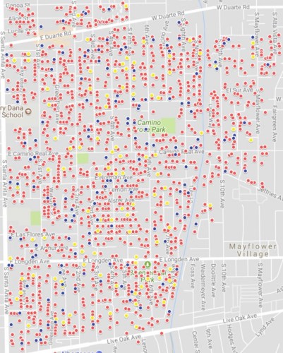 第五選區(qū)目前的亞裔選民投票圖。圖上紅點(diǎn)是手上有票，但還沒有投票的選民，藍(lán)色是已投票郵寄到市府，黃色是家庭部分成員已投票。（美國(guó)《世界日?qǐng)?bào)》）