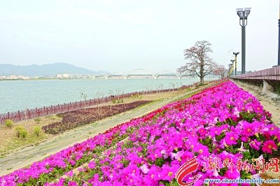 北堤上臨水遠眺，鳳城春光無限。