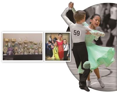 左圖：隋淵靜家里擺滿了各種比賽的獎杯。中圖：兩個孩子和老師勞拉在一起。右圖：隋淵靜和舞伴在比賽中。(圖片來源：《揚子晚報》)