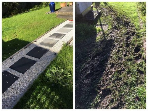 (左圖為租客住進(jìn)來(lái)之前的路，右圖為被租客踐踏后的草坪)