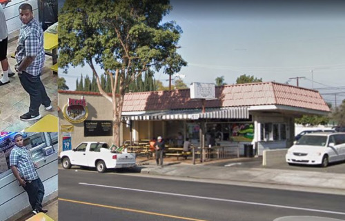 山谷西路佩佩快餐店和警方公布的嫌犯照片。