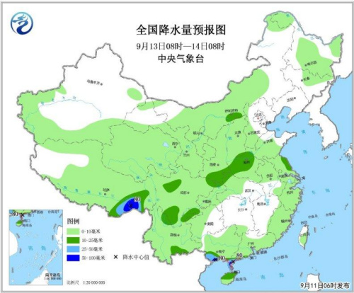 圖3 全國(guó)降水量預(yù)報(bào)圖(9月13日08時(shí)-14日08時(shí))