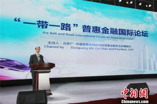 圖為中國普惠金融研究院理事會聯(lián)席主席兼院長貝多廣發(fā)言?！∈缝o靜 攝