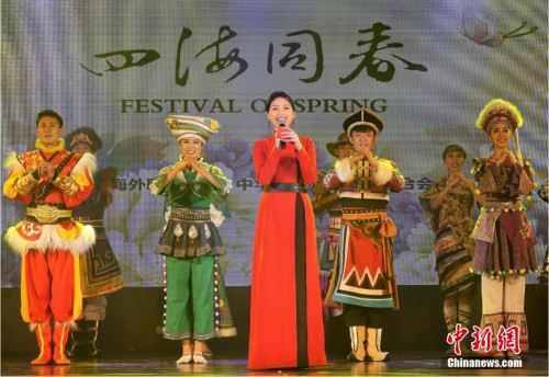 當(dāng)?shù)貢r(shí)間2月21日，繼泗水站后，2019年“四海同春”亞洲團(tuán)棉蘭場演出成功舉行。至此，該團(tuán)在“千島之國”印尼的訪問演出圓滿落下帷幕。圖為晚會現(xiàn)場，主持人攜舞蹈演員向印尼華僑華人致以節(jié)日問候。<a target='_blank' >中新社</a>記者 周欣嬡 攝