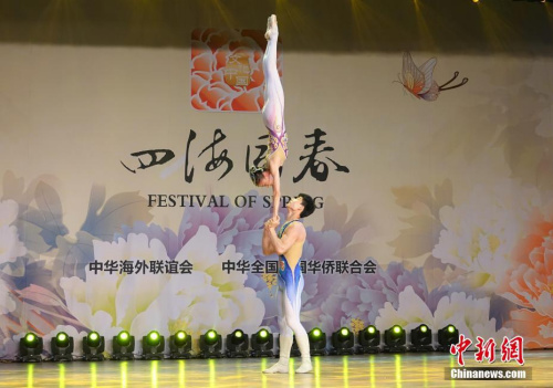 圖為來自大連戰(zhàn)士紅星藝術(shù)團的孫藝娜、周杰表演雜技《蝶戀》。<a target='_blank' >中新社</a>記者 周欣嬡 攝