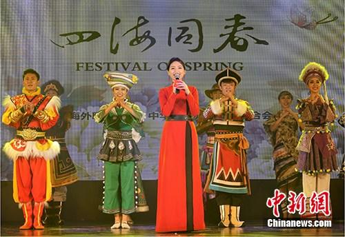 當(dāng)?shù)貢r(shí)間2月21日，繼泗水站后，2019年“四海同春”亞洲團(tuán)棉蘭場(chǎng)演出成功舉行。至此，該團(tuán)在“千島之國(guó)”印尼的訪問演出圓滿落下帷幕。圖為晚會(huì)現(xiàn)場(chǎng)，主持人攜舞蹈演員向印尼華僑華人致以節(jié)日問候。<a target='_blank' >中新社</a>記者 周欣嬡 攝(資料圖)