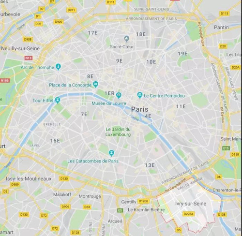 被搶中國游客入住酒店位于塞納河畔伊夫里Ivry-sur-Seine（圖片右下），是法國法蘭西島大區(qū)馬恩河谷省的一個(gè)市鎮(zhèn)，位于巴黎大區(qū)東南部，靠近華人區(qū)13區(qū)。