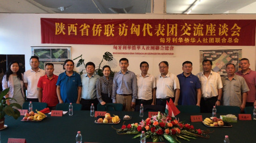 中國駐匈使館領事部主任李克震(左7)、陝西省僑聯(lián)副主席高俊峰(右5)、匈華總會主席余美明(右6)、匈牙利福建商會會長劉文建(左4)等參加座談會僑領合影留念。(圖片來源：匈牙利《歐洲論壇報》)