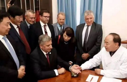 中醫(yī)為希臘政要診脈。（歐聯(lián)網(wǎng) 梁曼瑜 攝）