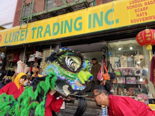 十余支醒獅隊在紐約曼哈頓華埠熱鬧登場，小商家紛紛開門迎接給紅包。(美國《世界日報》/鄭怡嫣 攝)