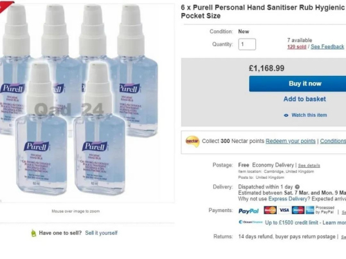 國外電商平臺(tái)銷售的消毒劑和洗手液。(網(wǎng)絡(luò)截圖)