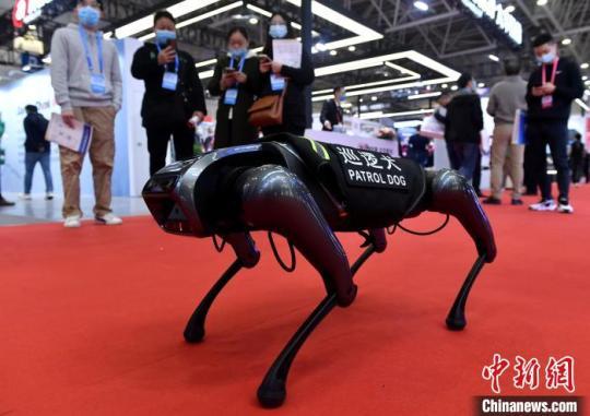 圖為智能巡邏犬吸引參觀者?！蚊?攝