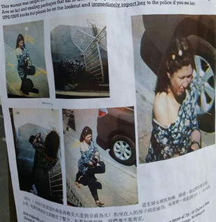 布魯克林賓臣墟區(qū)街頭張貼的小心偷郵包竊賊的傳單。(美國《僑報》)