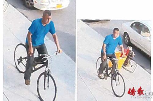警方通緝布魯克林日落公園地區(qū)專搶行人手機的單車騎匪。(美國《僑報》)