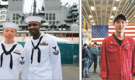 左圖:美利堅級兩棲攻擊艦上服役的華裔士官鄧煌與他的戰(zhàn)友豪吉斯(Hodges)。右圖:華裔士官田濤。(美國僑報網(wǎng)