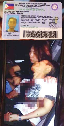 上圖為遭遇伏擊中國人施某的駕照,下圖為施某受傷后在車內(nèi)。(菲律賓《商報》資料圖)
