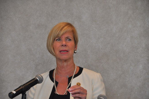 韓珍妮面向華人小區(qū)呼吁投她一票。(美國《世界日報》/張越