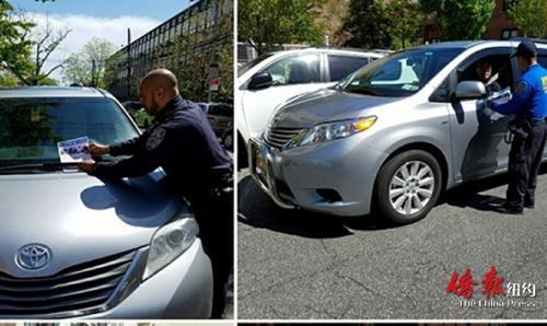 中國(guó)僑網(wǎng)紐約市警109分局警員走上街頭派發(fā)防盜安全須知傳單。(美國(guó)《僑報(bào)》)