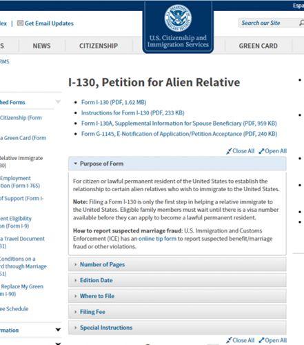 中國僑網(wǎng)美國移民局啟用新版I-130表格截圖。(美國《僑報(bào)》)