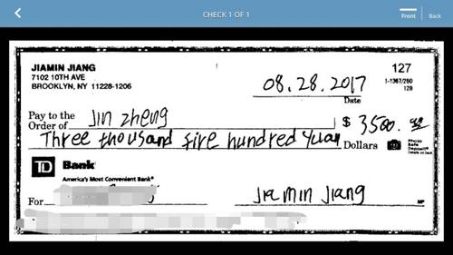 中國(guó)僑網(wǎng)鄭金被跳票的支票。(美國(guó)《世界日?qǐng)?bào)》)