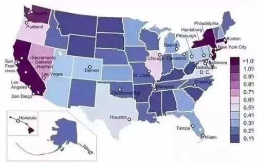 中國僑網(wǎng)顏色越深聚集的華人越多。(美國僑報(bào)網(wǎng))