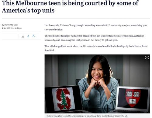 中國僑網(wǎng)墨爾本華裔少年夏琳娜·常獲得了美國哈佛大學和斯坦福大學的全額獎學金。